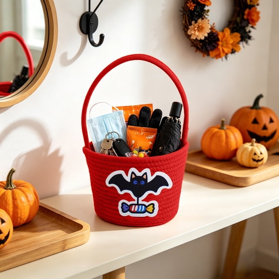 BSJJY Red Halloween Candy Basket 7.9x5.5 Inch, Reversible Fabric Treat Bucket with Handle, Cute Print Prank or Treat Bag