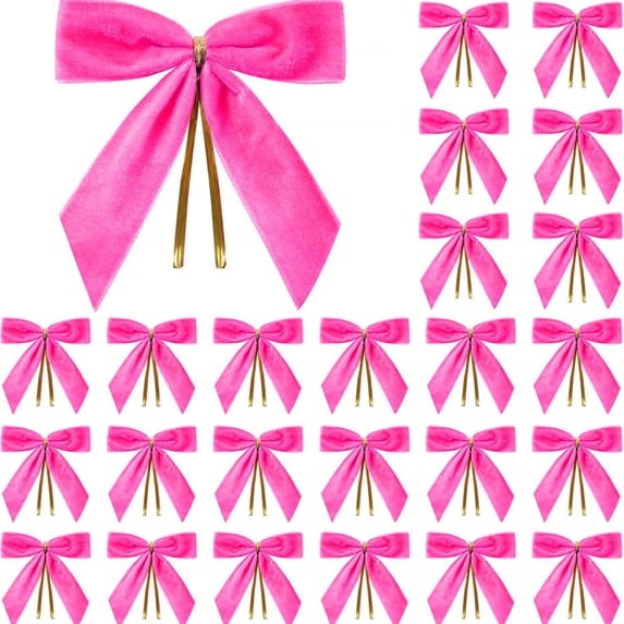 BSJJY Small Velvet Christmas Bows, 25pc 9cm Hot Pink Ribbon Ornaments with Metal Clip, Tree Wreath Gift Wrap Craft Decor