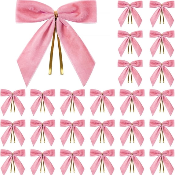 BSJJY Small Velvet Christmas Bows, 25pc 9cm Pink Ribbon Ornaments with Metal Clip, Tree Wreath Gift Wrap Craft Decor