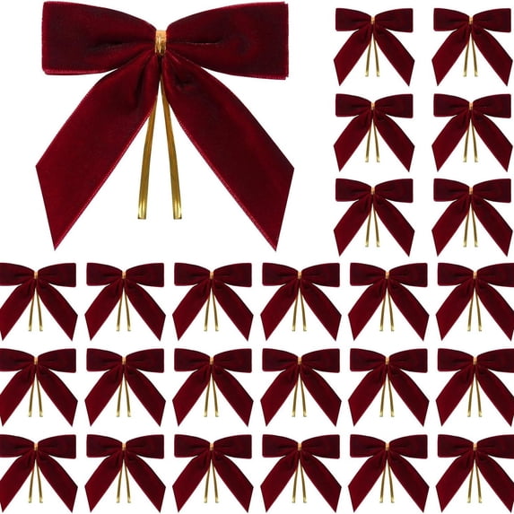 BSJJY Small Velvet Christmas Bows, 25pc 9cm Wine Ribbon Ornaments with Metal Clip, Tree Wreath Gift Wrap Craft Decor