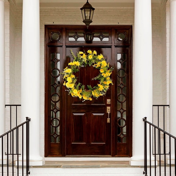 BSJJY Spring Wreath Yellow Daisy Wreath, 36cm Silk Daisy Wreath with Green Eucalyptus Leaves Summer Wreath for Front Door Wall Home Decor