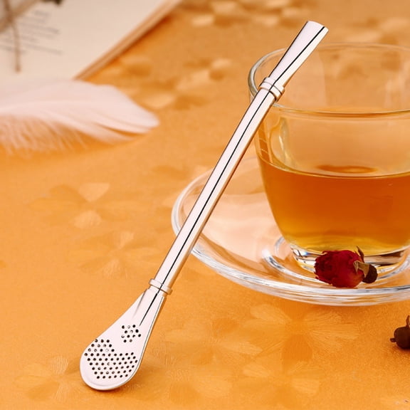 BSJJY Stainless Steel Straw Spoon with Filter, Long Handle Tea Strainer, for Drinking Loose Leaf Tea, Soup, Beverage, Stirring Coffee, 1Pcs