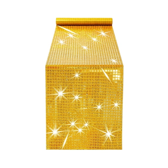 BSJJY Table Runner Polyester Mirror Sequin Checkered Shiny Glitter Party Decor for Wedding Birthday Banquet Home Table Setting Gold