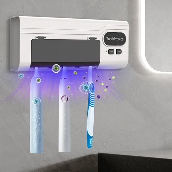 BSJJY Toothbrush Sanitizer and Holder,Rechargeable Smart Toothbrush Cleaner Toothbrush Case,5 Toothbrush Slots & Timing Function,Cordless Wall Mounted Toothbrush Holders for Bathrooms, 1 pc