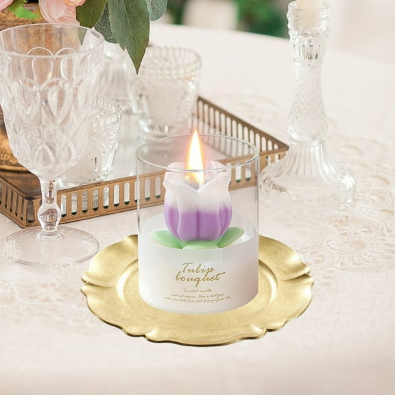 BSJJY Tulip Flower Bouquet Scented Healing Candle Glass Jar, Handmade Long Burning Soy Wax Aroma Decorative Candle for Table Photo Prop Gift (Purple)