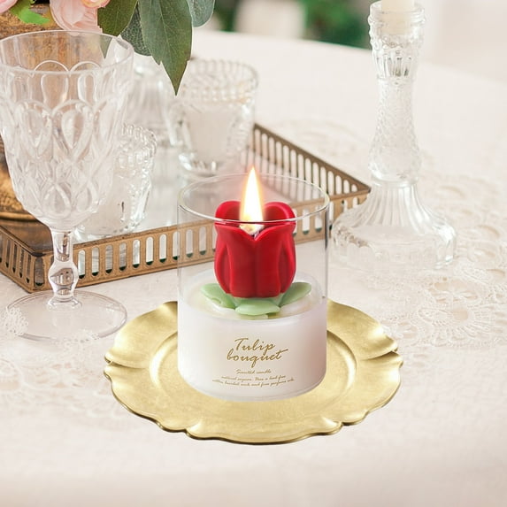 BSJJY Tulip Flower Bouquet Scented Healing Candle Glass Jar, Handmade Long Burning Soy Wax Aroma Decorative Candle for Table Photo Prop Gift (Red)