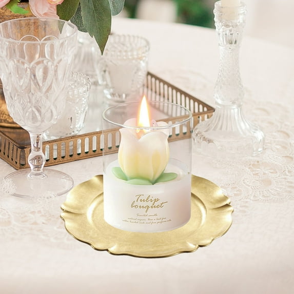 BSJJY Tulip Flower Bouquet Scented Healing Candle Glass Jar, Handmade Long Burning Soy Wax Aroma Decorative Candle for Table Photo Prop Gift (Yellow)