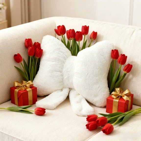 BSJJY White Bow Ribbon Sofa Cushion, 17.7x16.1 Inch Plush Backrest Pillow, Home Office Chair Comfort Decor