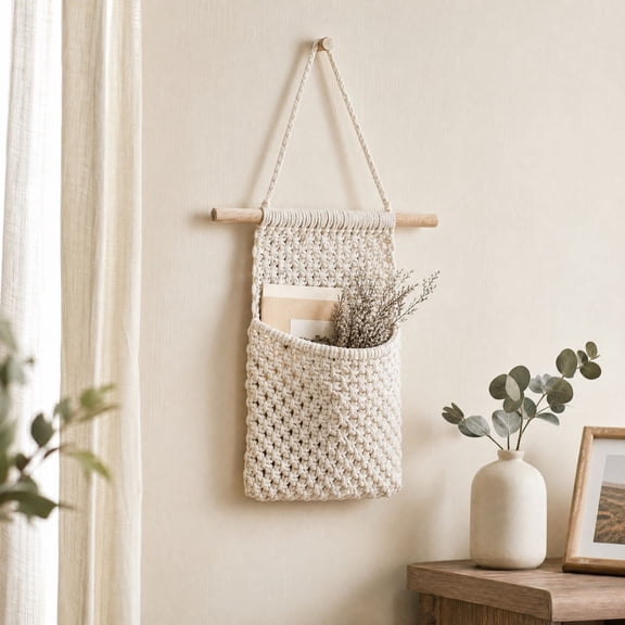 BSJJY White Macrame Wall Hanging Basket, Cotton Rope Woven Storage Organizer Bag with Wood Stick for Bathroom Entryway, 15.75x9.84 Inch