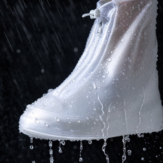 BSJJY White Pair Reusable Rain Shoe Covers, PVC Thickened Waterproof Overshoes with Zipper, Anti-Slip Foot Protectors