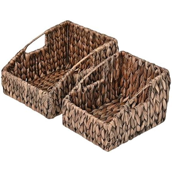 BSK1007B-2SET Havanah Southwestern Handwoven Hyacinth Slanted Pantry Wicker Storage Baskets with Handles, Brown (Set of 2), Seagrass Containers for Decoration in Living Room, Bedroom