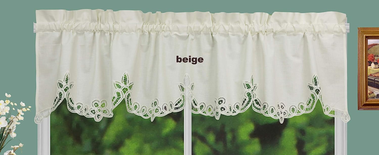 BSL Battenburg Lace Kitchen Curtain Valance, Ecru Beige, Machine Care