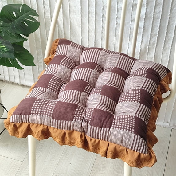 BSMAT Brown Ruffle Edge Seat Cushion, 15.75 x 15.75 Inch Tufted Chair Pad with Ties, Soft Cotton Kitchen Dining Chair Cushion Pad for Home Table and Desk