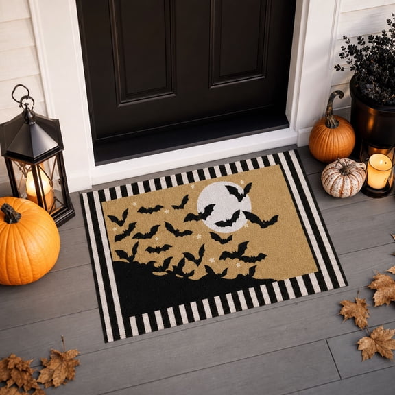BSMAT Halloween Bat Moon Welcome Doormat, 16"x24" Outdoor Welcome Entrance Mat, Black White Striped Frame Non Slip Waterproof Rubber Back Doormat, Porch Kitchen Holiday Decor Carpet