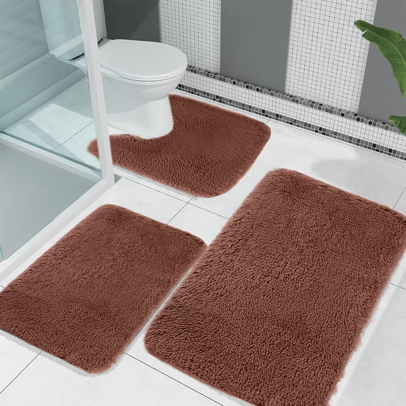 BSMAT Solid Color 3 Piece Bath Mat Set, Memory Foam Bath Mat Set with U-Shaped Toilet Mat, Non Slip Machine Washable Floor Carpets, Universal Soft Water Absorbent Toilet Rugs for Bathroom Floor