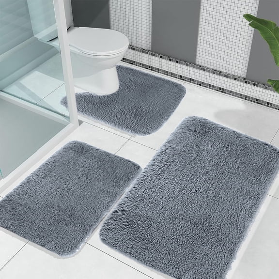 BSMAT Solid Color 3 Piece Bath Mat Set, Memory Foam Bath Mat Set with U-Shaped Toilet Mat, Non Slip Machine Washable Floor Carpets, Universal Soft Water Absorbent Toilet Rugs for Bathroom Floor