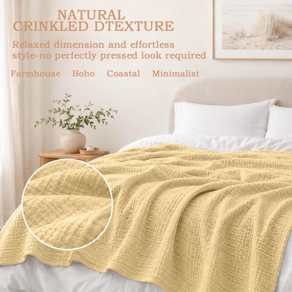 BSMAT Yellow Muslin Gauze Blanket, 90.55 x 90.55 Inch King Size Breathable Cotton Bed Cover, Soft Lightweight All Season Bedspread Cover for King Size Bed
