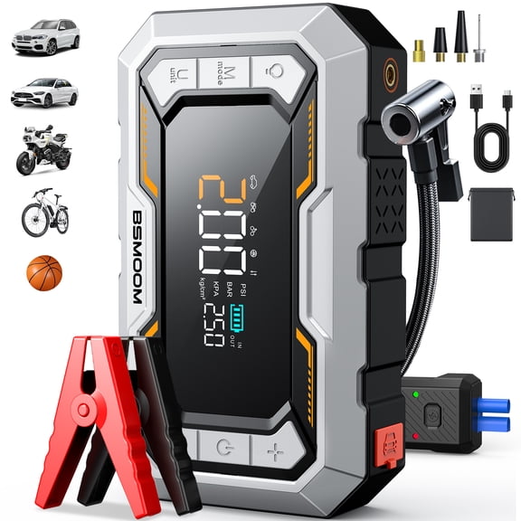BSMOOM 12-in-1 Jump Starter with Air Compressor, 15000A, 150 PSI, Portable Car Battery Jump Box, Jump pack Power Bank (All Gas/10.0 L Diesel) with Jumper Cables, LED Light & LCD Display, Force Start