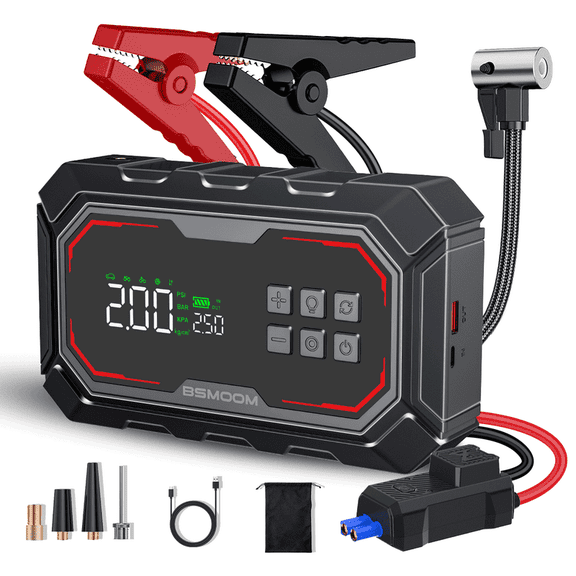 BSMOOM 3000A Car Jump Starter + 150PSI Air Compressor - 12V Portable Jump Box for All Gas/12L Diesel Engines (Smart Jumper Cables, LCD, 3-Mode LED)
