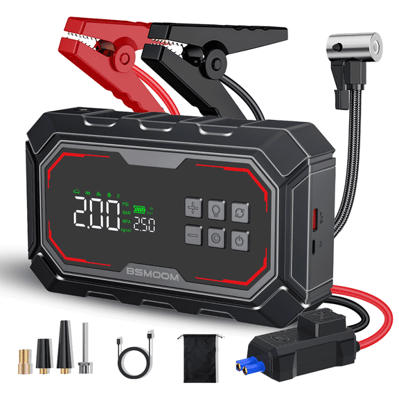 BSMOOM 3000A Car Jump Starter + 150PSI Air Compressor - 12V Portable Jump Box for All Gas/12L Diesel Engines (Smart Jumper Cables, LCD, 3-Mode LED)