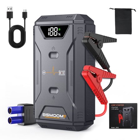 BSMOOM 6000A Peak Portable Car Jump Starter for Up to 5.5 Gas and 8.0 Diesel Engines, 12V Car Jumper Starter Battery Pack with LED Light, LCD Screen, USB-C & QC 3.0 Fast Charging
