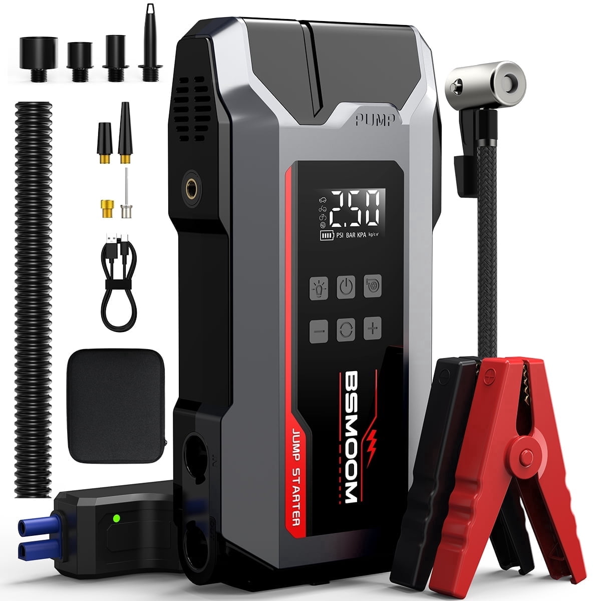BSMOOM 8000A Car Battery Jump Starter with Air Compressor/Tire Inflator 150PSI, 9-in-1 Portable Jump Starter Power Pack for ALL Gas/10L Diesel, 12V Jumper Box with Air Pump, USB Ports, LCD, LED Light