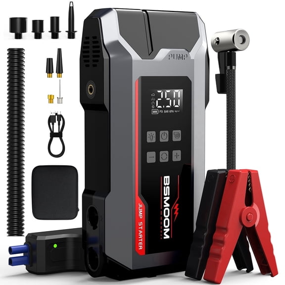 BSMOOM 8000A Car Battery Jump Starter with Air Compressor/Tire Inflator 150PSI, 9-in-1 Portable Jump Starter Power Pack for ALL Gas/10L Diesel, 12V Jumper Box with Air Pump, USB Ports, LCD, LED Light