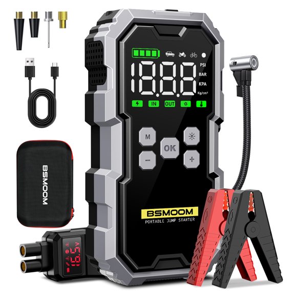 BSMOOM 8000A Car Jump Starter with Air Compressor 150PSI, Car Battery Jumper Starter Battery Pack 21800mAh (All Gas/10L Diesel), 12V Jump Box Portable with Type-C QC, LED Lights & 2.7" LCD Display