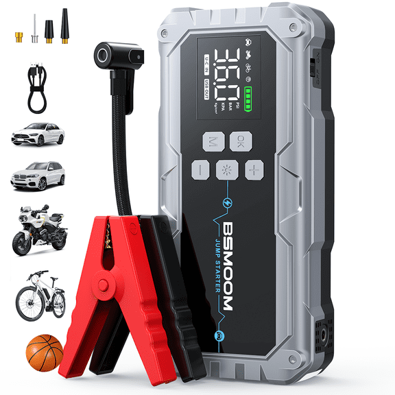 BSMOOM 8000A Jump Starter with Air Compressor, 12V Car Battery Jumper Starter Pack(All Gas/10.0L Diesel), Jump Box Portable with 160PSI Auto Tire Inflator, 2.16" LCD Display & LED Lights