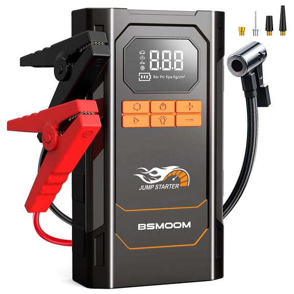 BSMOOM 9000A Jump Starter with 150PSI Air Compressor, 12V Battery Booster Charger for All Gas & 10.0L Diesel Engines, Portable Lithium Jump Box with LED Display, LED Light, Power Bank