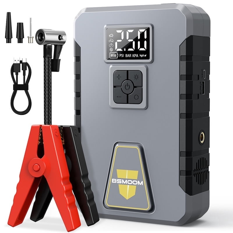 BSMOOM Car Jump Starter with Air Compressor, 12V 6000A Peak Portable Car Battery Jump Starter Jump Box, 150PSI Car Air Pump Tire Inflator Battery Charger with LED Light, LCD Display, Gray