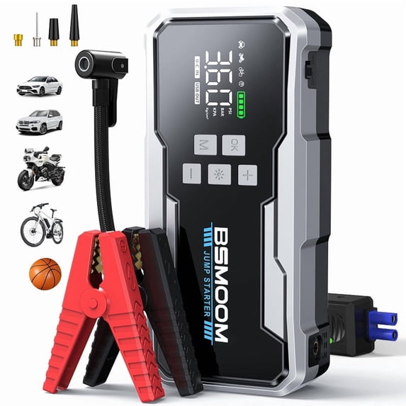 BSMOOM Jump Starter with Air Compressor 160PSI, 12V Battery Pack Booster Charger (All Gas/10L Diesel), Portable Car Battery Box with Jumper Cables, USB-C Fast Charging, LCD Display & LED Light