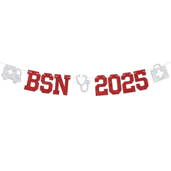 BSN 2025 Banner - Nurse Grad RN/LPN/NP Nursing School Survivor Sign - Medical Nurse Graduation Party Decorations Supplies, Red and Silver Glitter