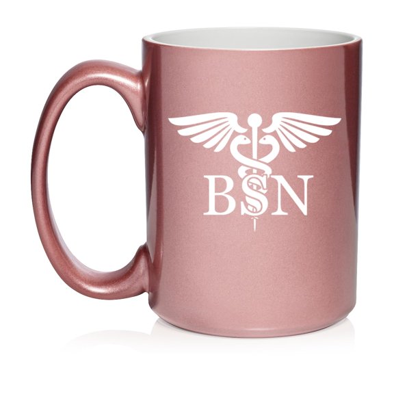 BSN Bachelor of Science Nurse Caduceus Ceramic Coffee Mug Tea Cup Gift for Her, Him, Friend, Gift For Nurse (15oz Rose Gold)