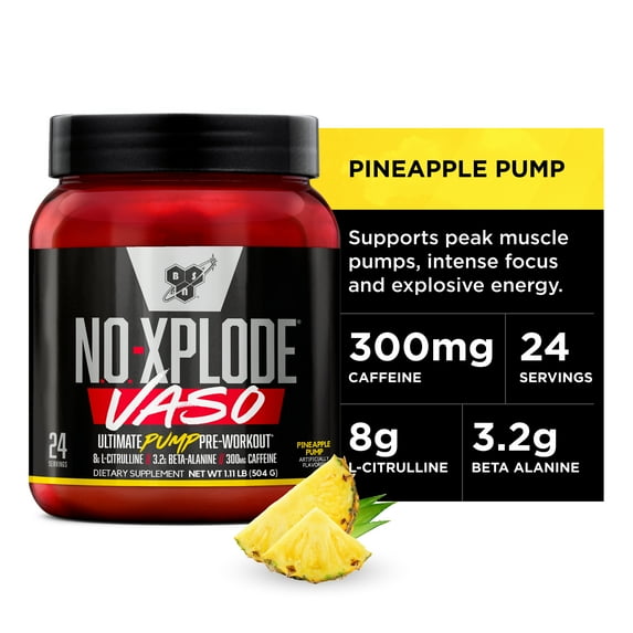 BSN N.O.-XPLODE Vaso Pre Workout Powder with 8g of L-Citrulline and 3.2g Beta-Alanine and Energy, Flavor: Pineapple Pump, 24 Servings