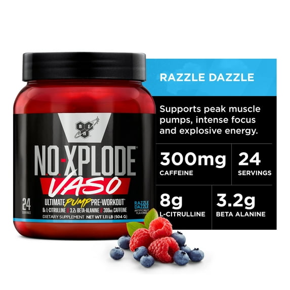 BSN N.O.-XPLODE Vaso Pre Workout Powder with 8g of L-Citrulline and 3.2g Beta-Alanine and Energy, Flavor: Razzle Dazzle, 24 Servings
