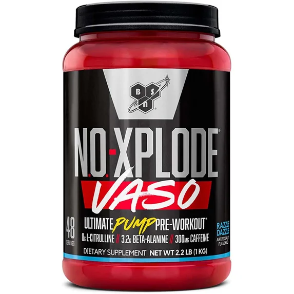 BSN N.O.-XPLODE Vaso Pre Workout Powder with 8g of L-Citrulline and 3.2g Beta-Alanine and Energy, Flavor: Razzle Dazzle, 48 Servings
