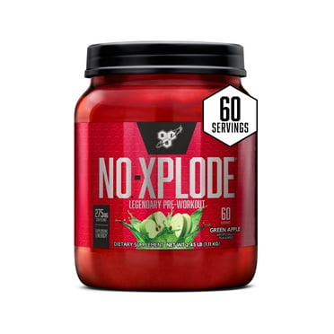 BSN N.O. Xplode Nitric Oxide Booster + Pre Workout Powder, Green Apple, 60 Servings