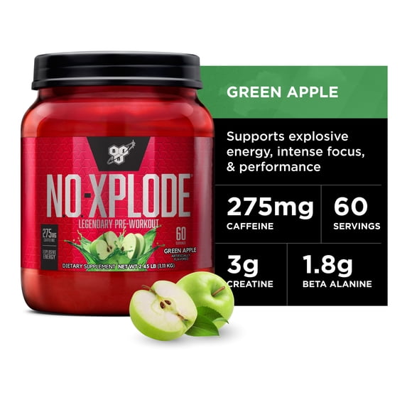 BSN N.O. Xplode Nitric Oxide Booster + Pre Workout Powder, Green Apple, 60 Servings