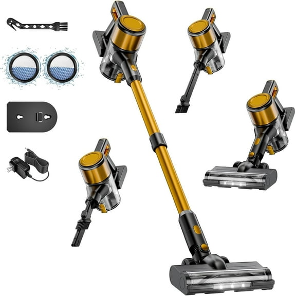BSNAW Cordless Vacuum Cleaner, 6-in-1 Lightweight 35Kpa Powerful Suction Stick Vacuums, 45Min Runtime, LED Headlight, for Pet Hair, Hard Floor, Carpet, Yellow
