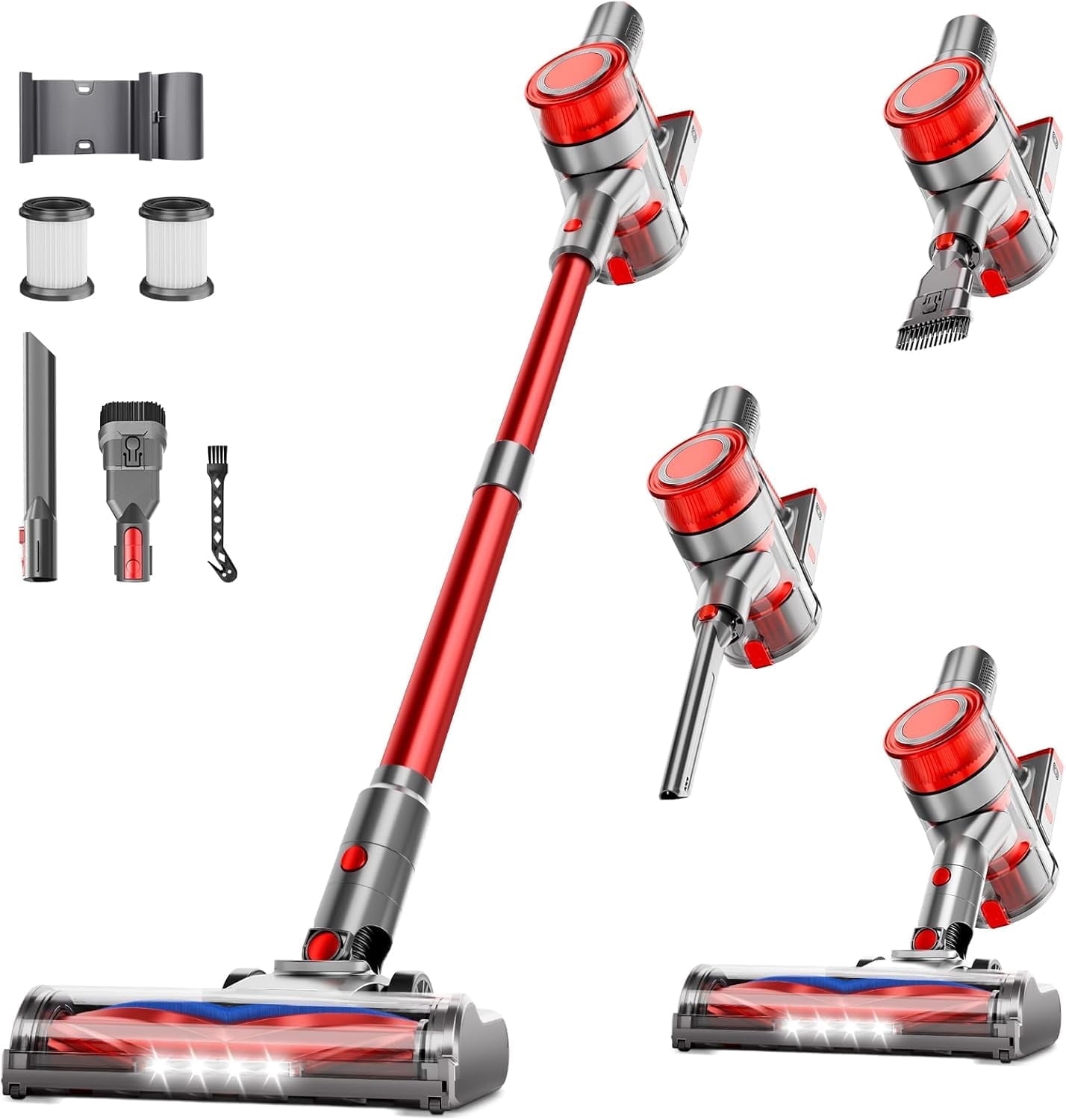 BSNAW Cordless Vacuum Cleaner, 8-in-1 Lightweight Self-Standing Stick Vacuums, Max 45Mins Runtime, Anti-Tangle Stick Vacuum Cleaner for Hard Floor, Carpet, Pet Hair, Red