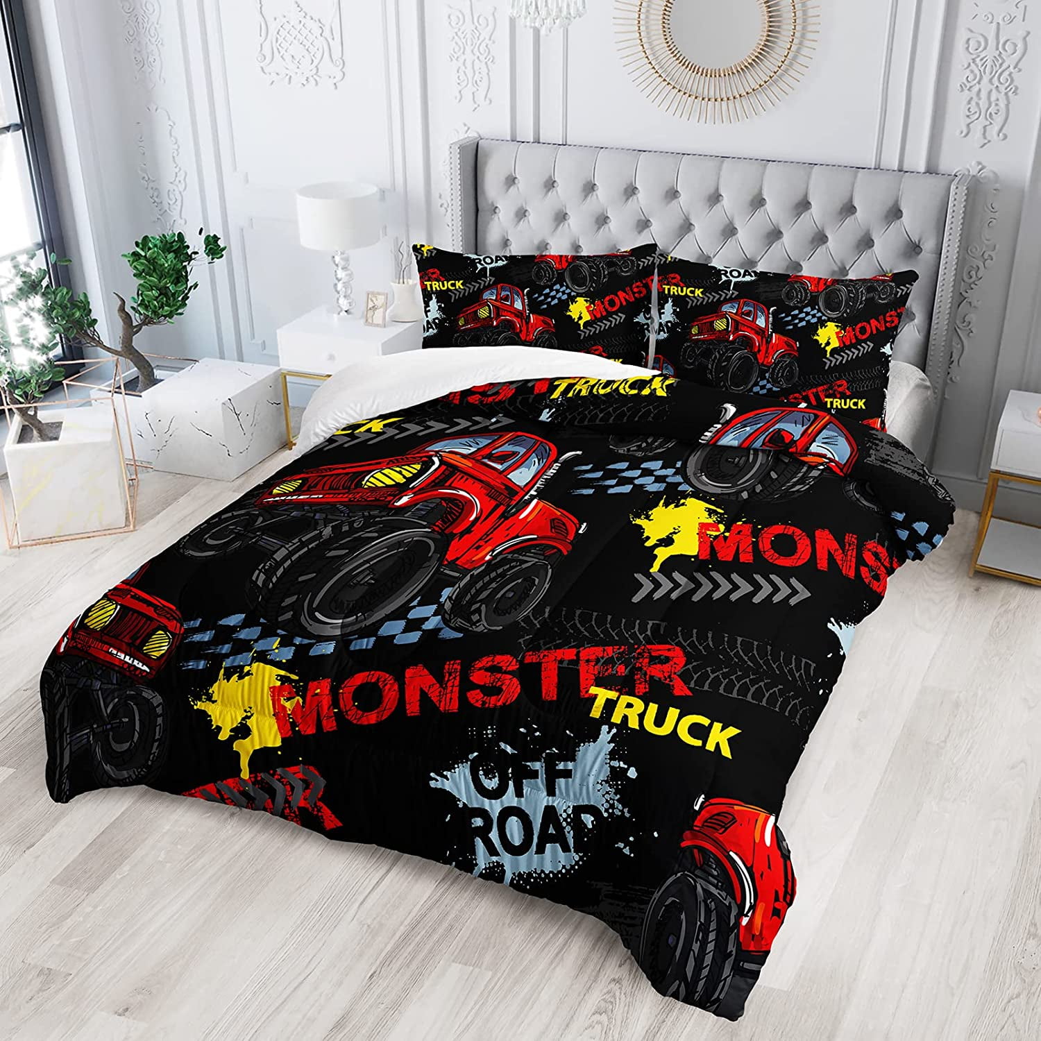 BSNTHO Cars Comforter Set, Giant Monster Pickup Truck Large Tires and