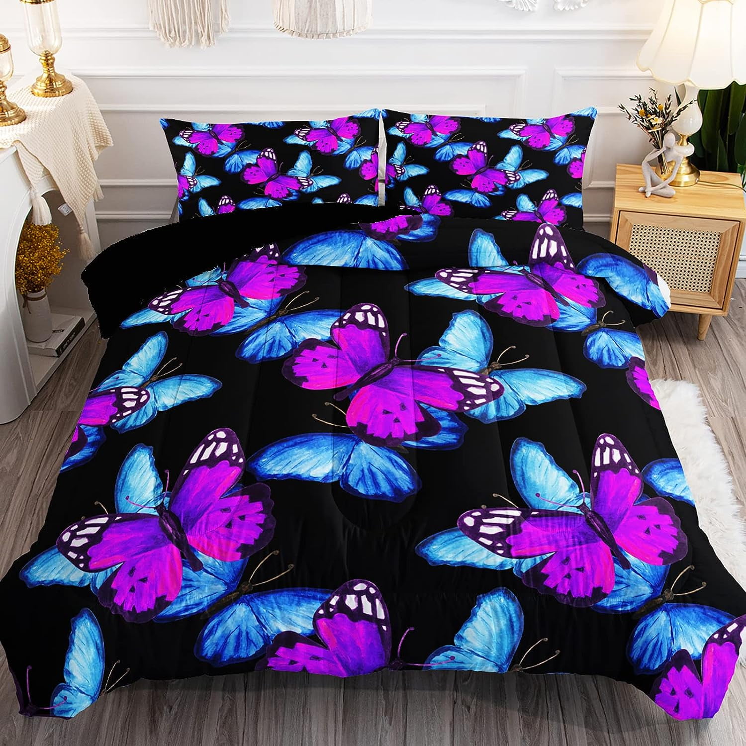 BSNTHO Purple Blue Butterfly Comforter Set Queen Size 3 Pieces Flying