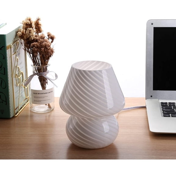 BSOD Mushroom Lamp,Glass Table Bedside Lamps Translucent Murano Vintage Style Striped Small Night Mushroom Decor Light Swirl for Ambient,Kids,Bedroom,Living,Girl Gift (Stripe White)