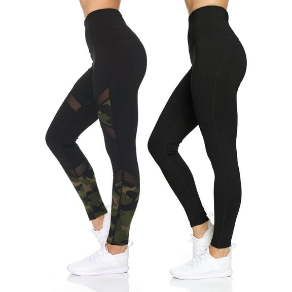 BSP Women's 2 Pack High Waist Full Length Camo & Solid Leggings With Mesh Details And Pockets
