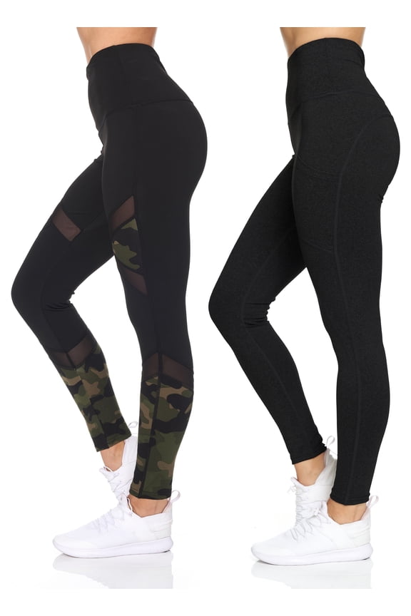 Women's 2 Pack High Waist Full Length Camo & Solid Leggings With Mesh Details And Pockets