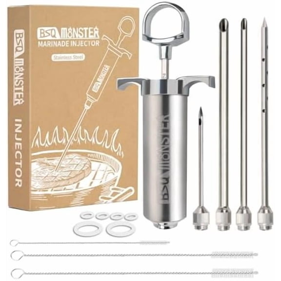 BSQ MONSTER 2-oz Meat Injector Kit  4 Professional Marinade Needles for BBQ Grill/Smoker, Turkey, Brisket; Paper Manual & PDF Recipe E-Book | Home Decor, Kitchen, & Other