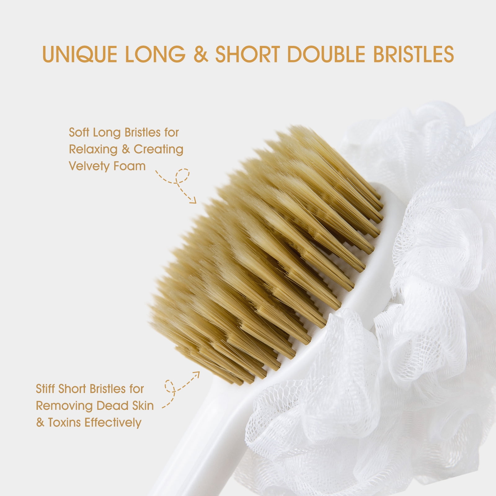 BSROLUNA White Back Brush Long Handle for Shower Body Brush with