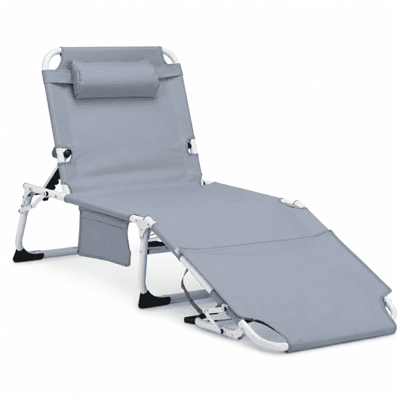 BSSINNG 3-in-1 Heavy Duty Tanning Chair, 5-Position Folding Chaise Lounge with Face & Arm Holes, Removable Pillow and Side Pocket, 440 lb Outdoor Beach Chair for Pool, Patio, Backyard, Grey