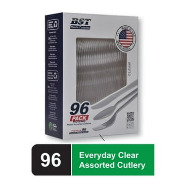 BST 96 Pack Heavy Duty Plastic Assorted Cutleries Fork Spoon Knife Disposable Clear Cutlery